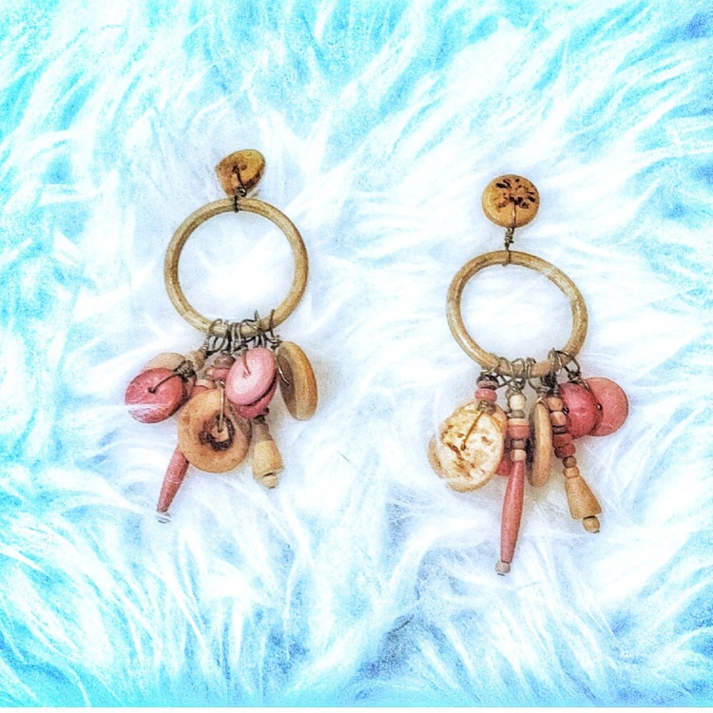 Mid century bohemian Vintage wooden button cream & terra-cotta earrings